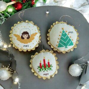 Vintage 1980 Cross-Stitch Christmas Ornaments Set Of 3 Gold Trim Candle Angel Tr
